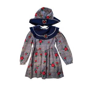Y2K Somersaults Vintage Girls Plaid Floral Dress and Hat Set Navy Blue Size 6